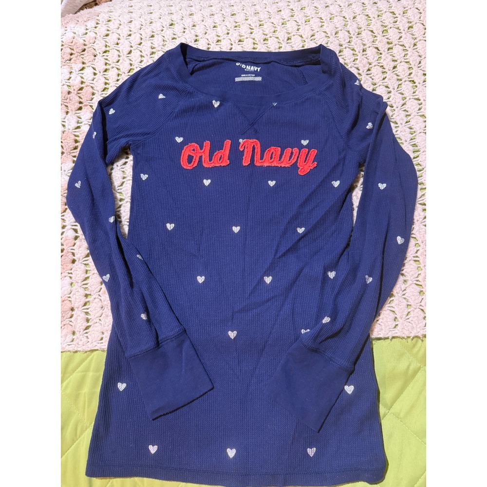Old Navy Thermal Long Sleeve Top Small Navy Blue Heart Print Logo